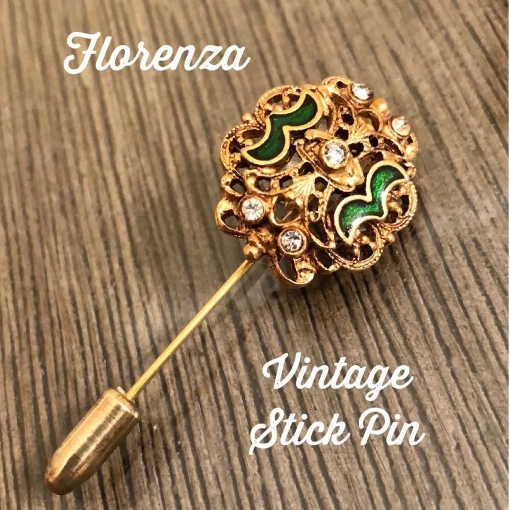 Vintage FLORENZA Stick Pin brooch Green Enamel & Rhinestones